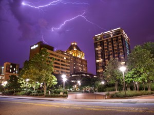 Lightning over downtown Greensboro, 2015.
